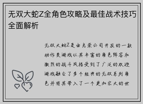 无双大蛇Z全角色攻略及最佳战术技巧全面解析
