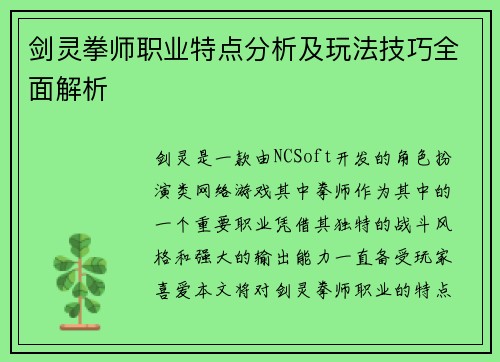 剑灵拳师职业特点分析及玩法技巧全面解析